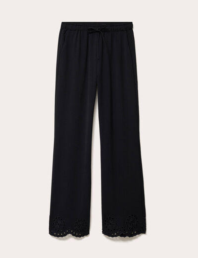 Pantalon large avec broderie noir femme