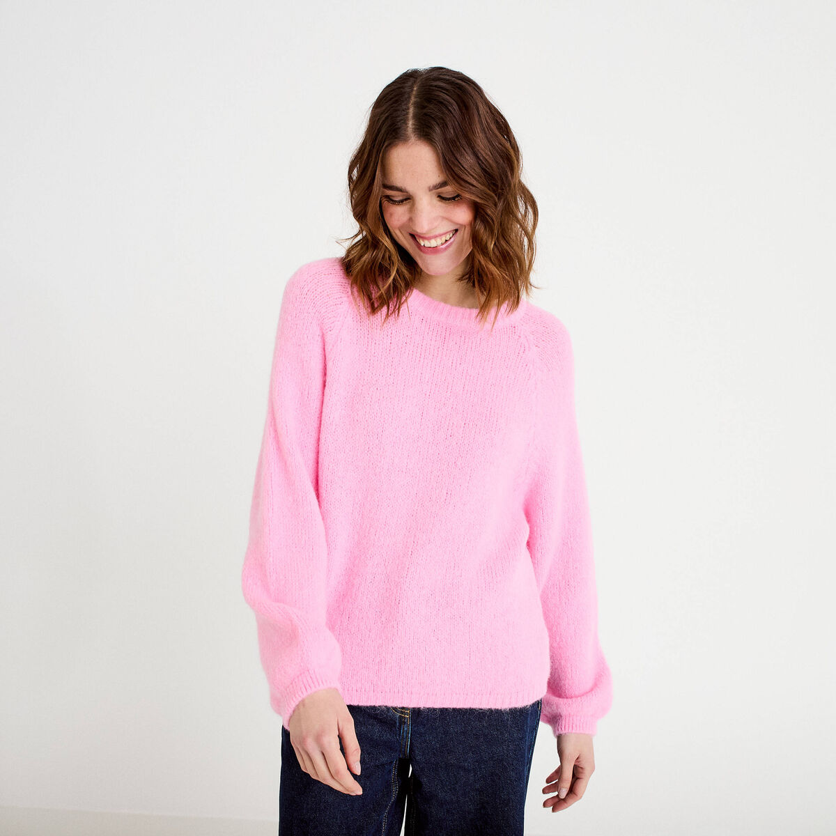 Pull ample col rond manches longues rose femme