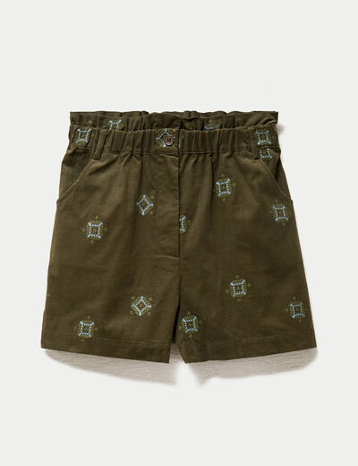Short taille haute en velours brod&eacute; vert kaki femme