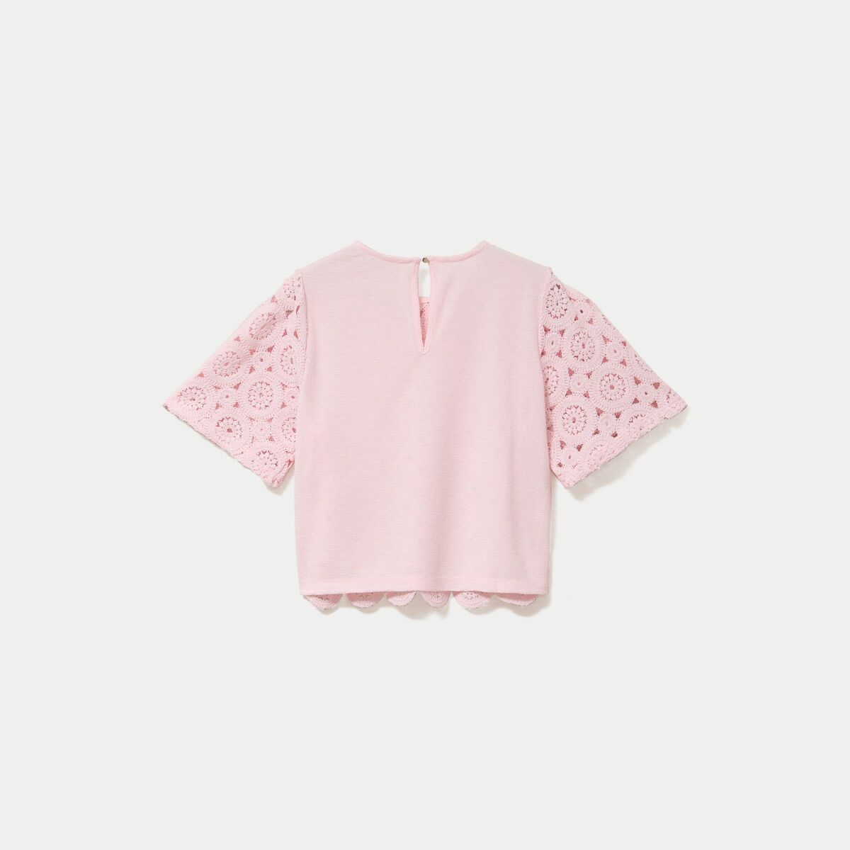 T-shirt macram&eacute; col rond rose clair femme