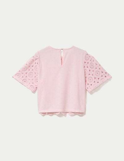 T-shirt macram&eacute; col rond rose clair femme