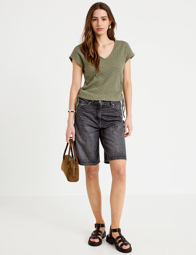 T-shirt ajour&eacute; d&eacute;tails cordons vert kaki femme