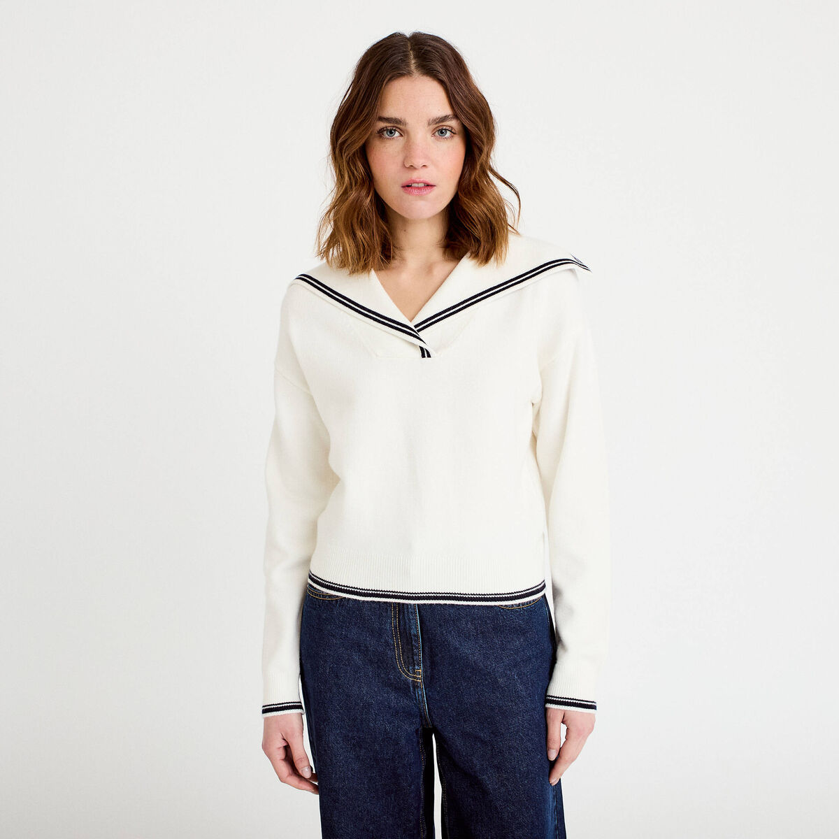 Pull col marin manches longues ecru femme