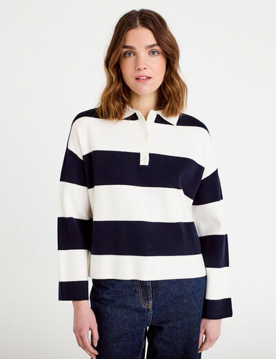 Polo manches longues col chemise bleu marine femme