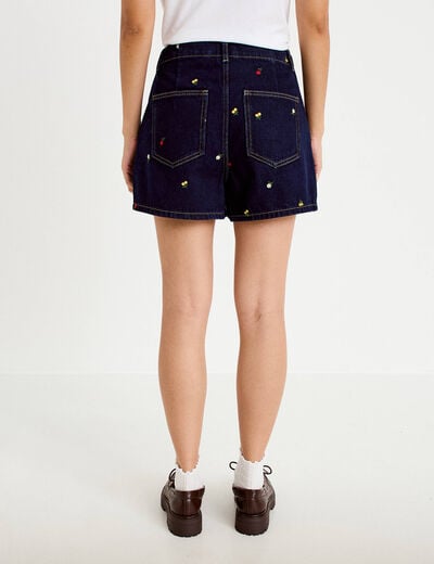 Jupe-short trap&egrave;ze en jean bleu marine femme