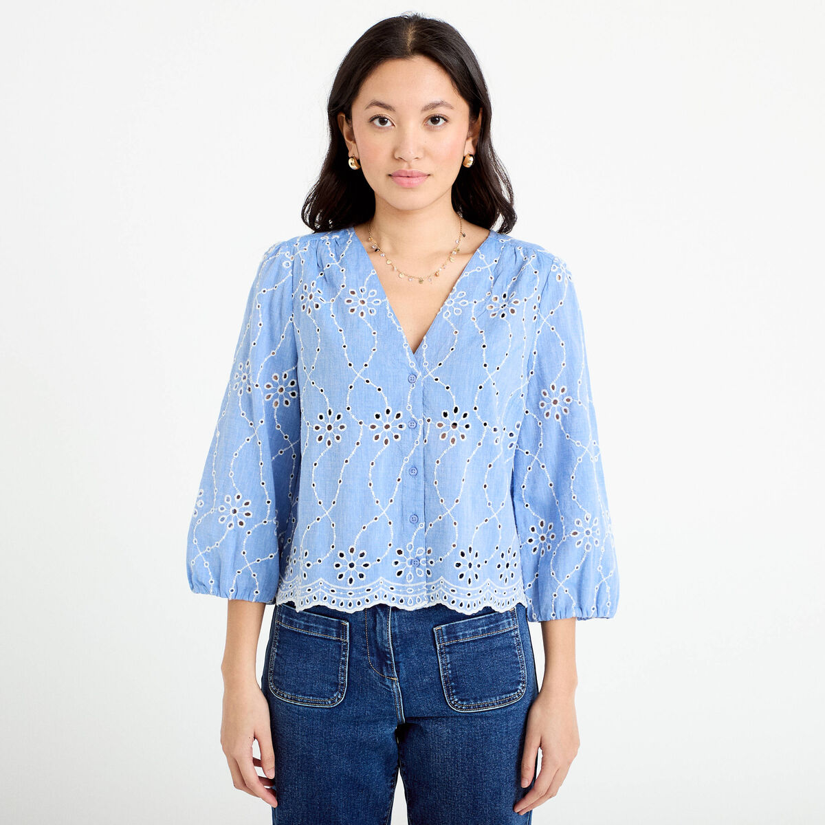 Blouse broderie anglaise bleu gris femme