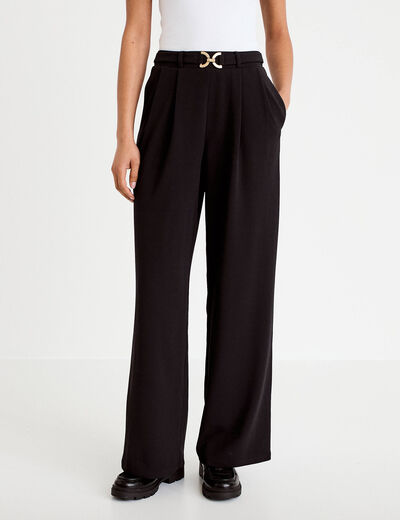Pantalon large ceinture bijou noir femme