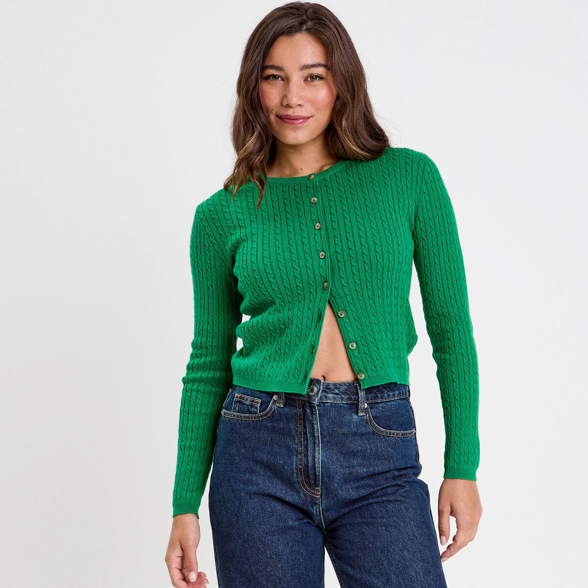 Gilet ajust&eacute; en coton manches longues vert pastel femme