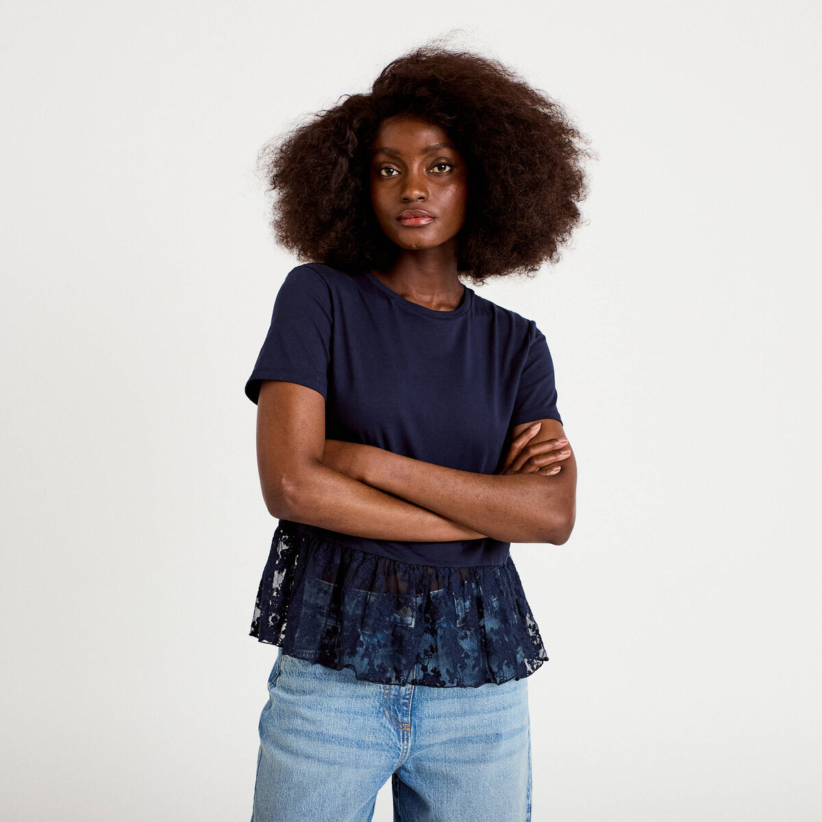 T-shirt manches courtes en dentelle bleu marine femme