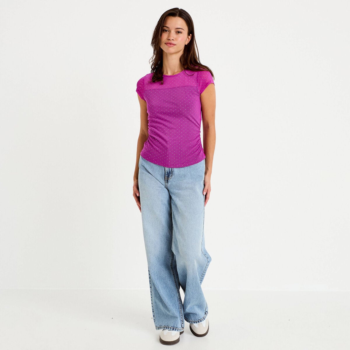 Top ajust&eacute; col rond manches courtes rose fushia femme