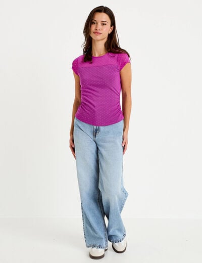 Top ajust&eacute; col rond manches courtes rose fushia femme