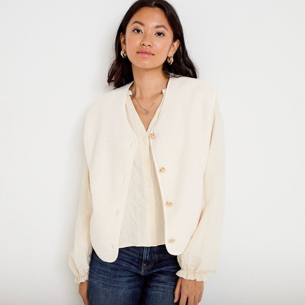 Veste sans manches effet polaire ecru femme
