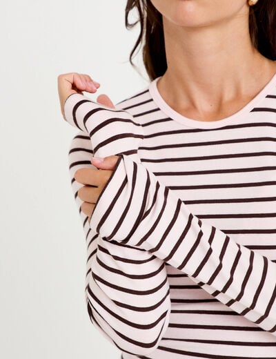 T-shirt ajust&eacute; col rond manches longues rose femme