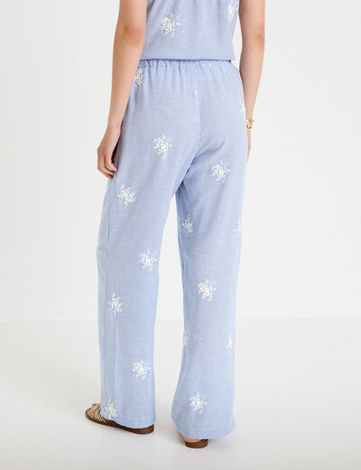 Pantalon large taille haute &agrave; relief blanc femme