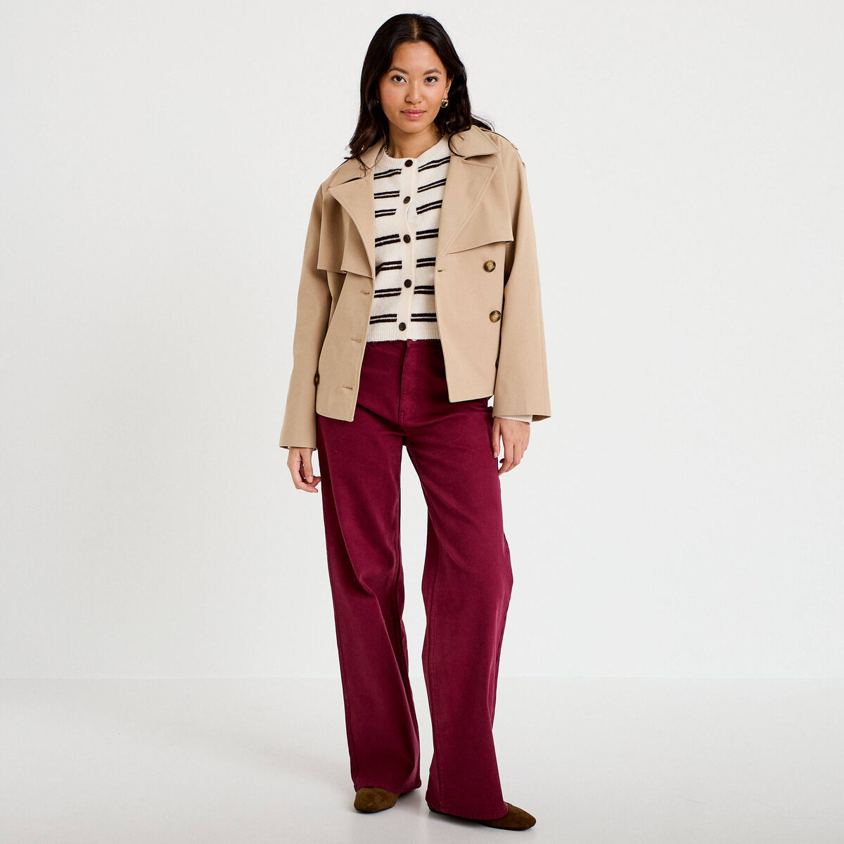 Jean wide leg taille haute bordeaux femme
