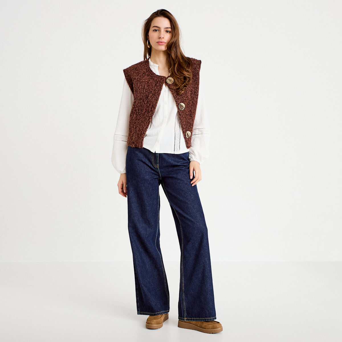 Blouse broderie col V manches longues ecru femme