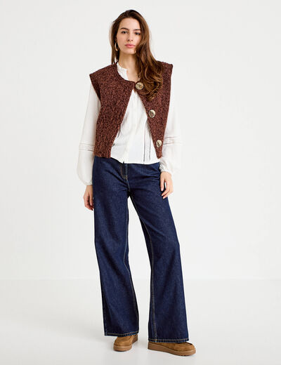 Blouse broderie col V manches longues ecru femme
