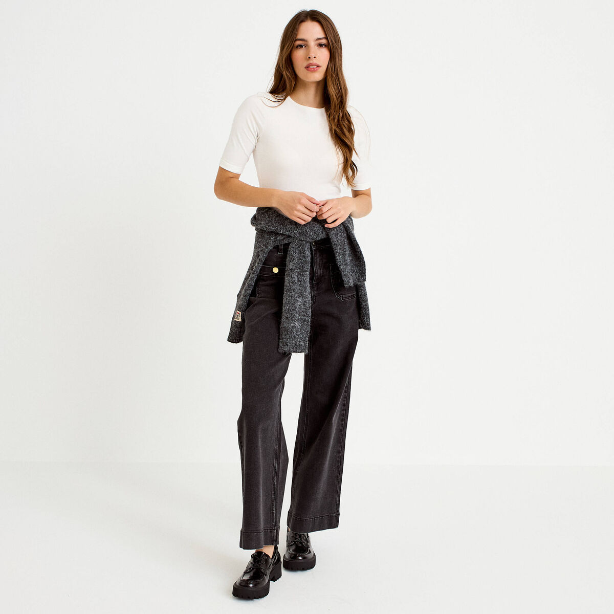 Jean wide leg cropped taille haute denim noir femme