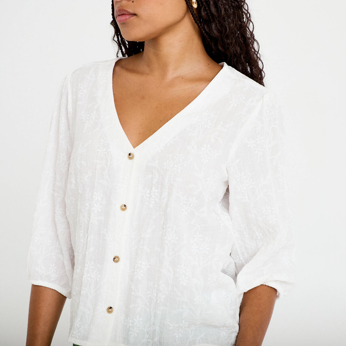 Blouse droite pliss&eacute;e manches 3/4 blanc femme