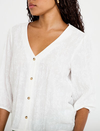Blouse droite pliss&eacute;e manches 3/4 blanc femme