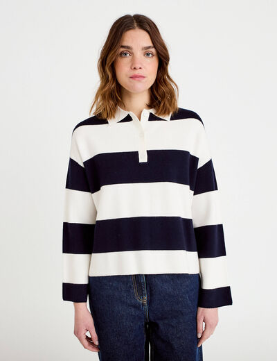 Polo manches longues col chemise bleu marine femme