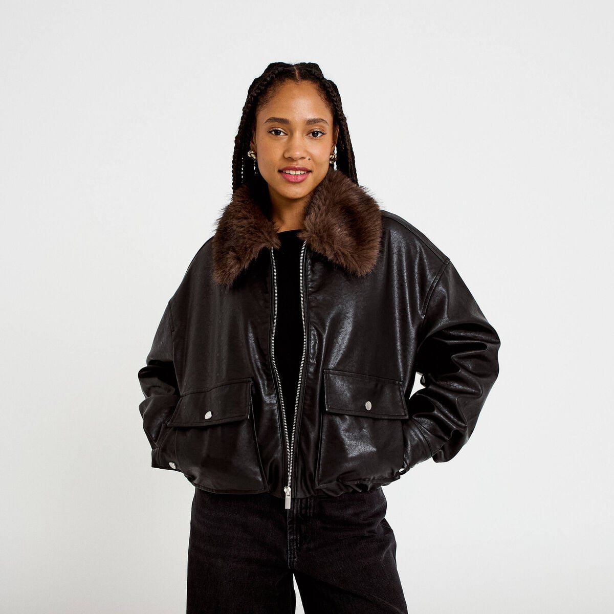Blouson oversize similicuir noir femme
