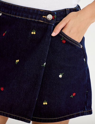 Jupe-short trap&egrave;ze en jean bleu marine femme