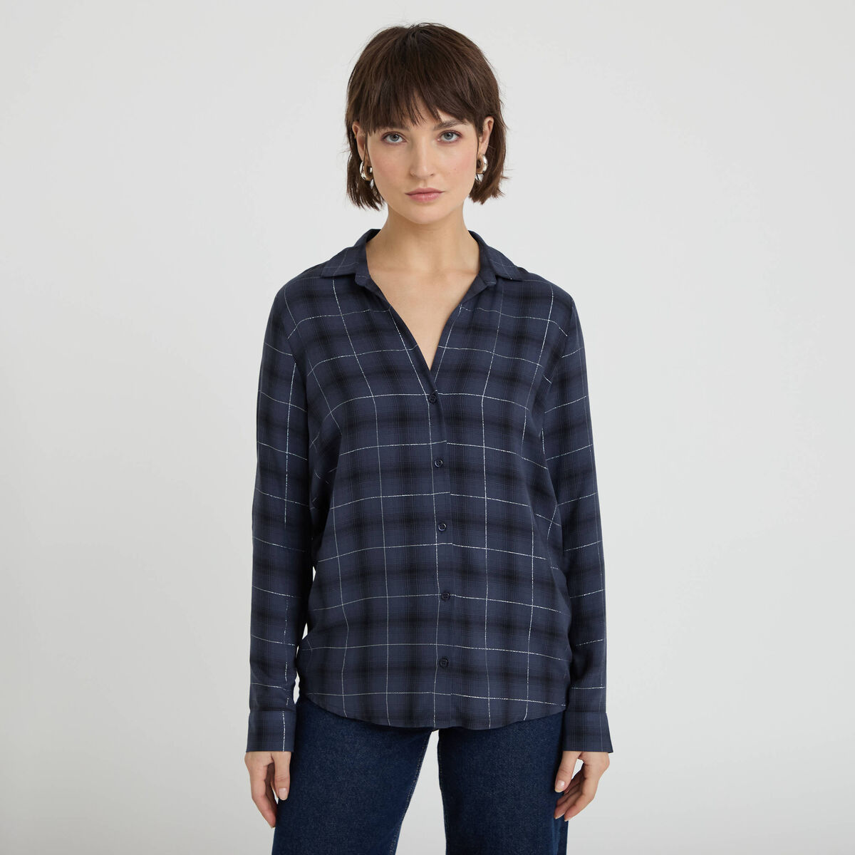 Chemise &agrave; carreaux fils m&eacute;tallis&eacute;s bleu fonc&eacute; femme