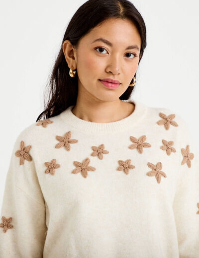 Pull oversize brod&eacute; manches longues ecru femme