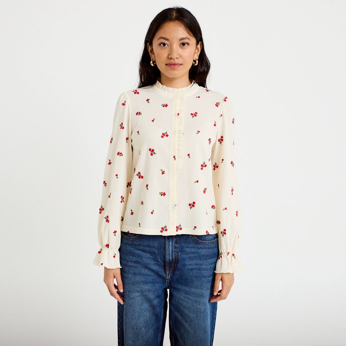 Chemise droite broderie manches longues ecru femme