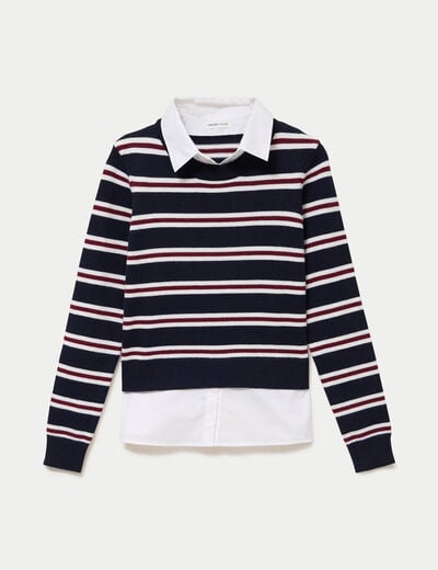Pull 2-en-1 chemise bleu marine femme
