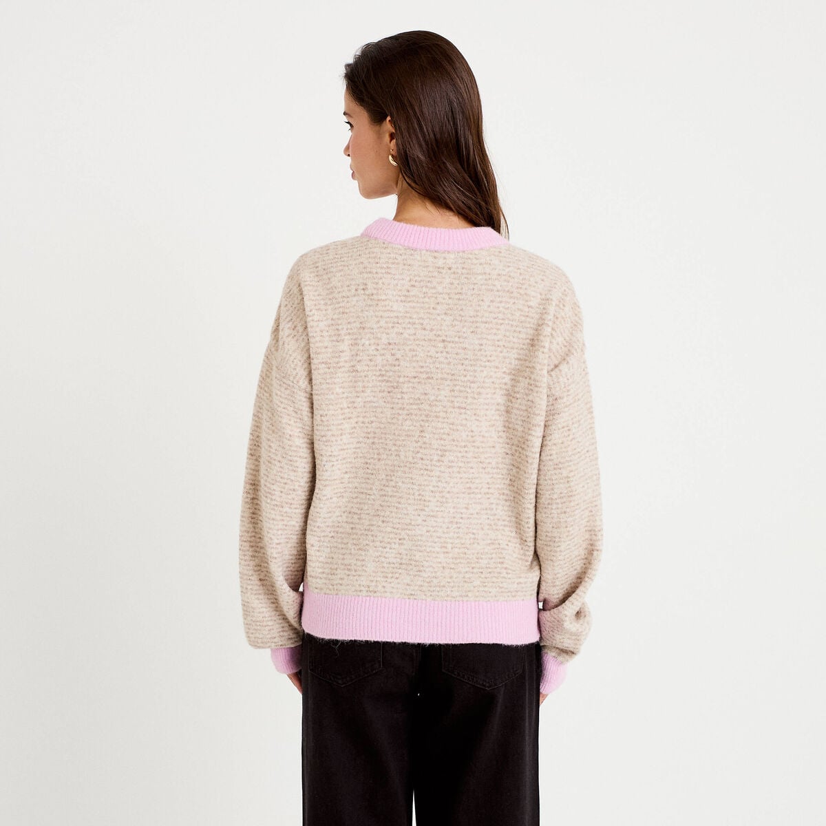 Pull ample col rond manches longues marron femme