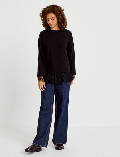 T-shirt manches longues avec dentelle noir femme