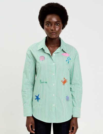 Chemise ray&eacute;e broderies fantaisie vert clair femme
