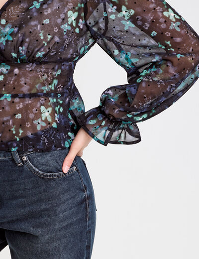 Blouse cintr&eacute;e courte en voile col V noir femme