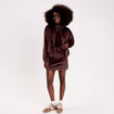 Jupe droite fausse fourrure marron fonc&eacute; femme