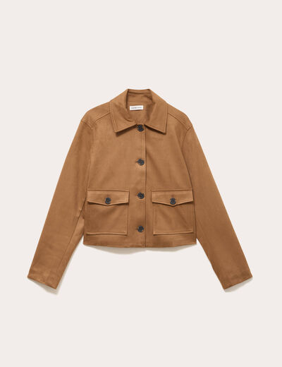 Veste droite cropped aspect daim camel femme
