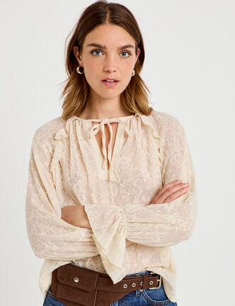 Blouse droite manches longues col rond ecru femme
