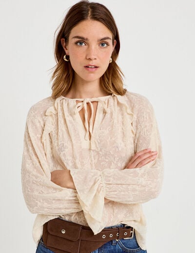 Blouse droite manches longues col rond ecru femme