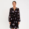 Robe courte &eacute;vas&eacute;e col v manches longues bleu fonc&eacute; femme