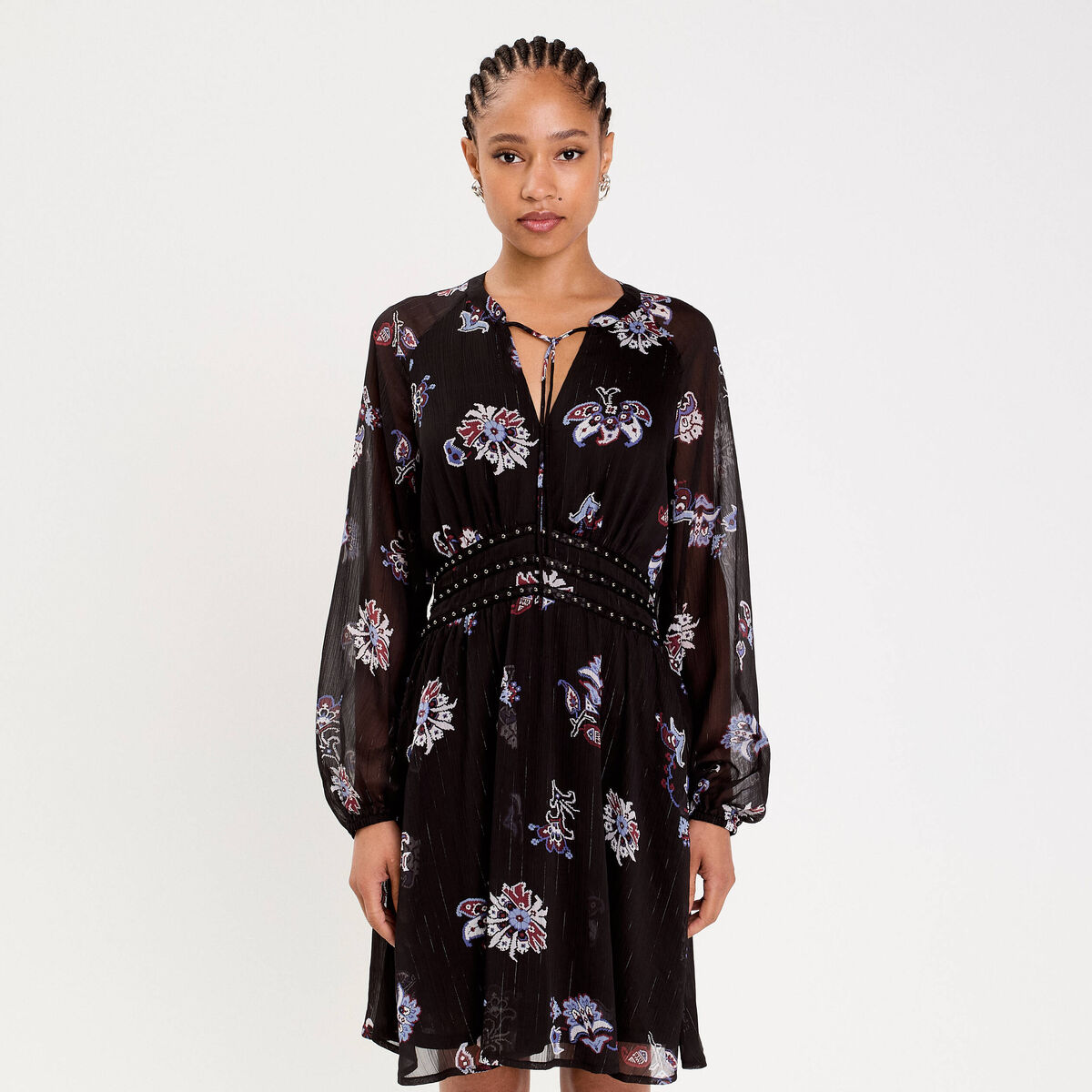 Robe courte &eacute;vas&eacute;e col v manches longues bleu fonc&eacute; femme