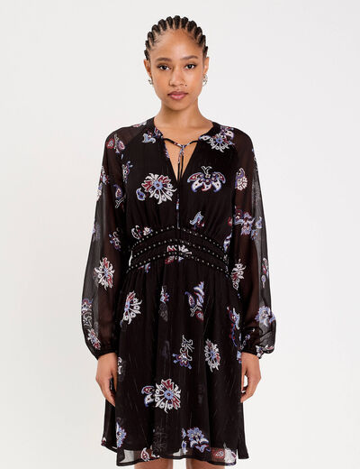 Robe courte &eacute;vas&eacute;e col v manches longues bleu fonc&eacute; femme