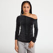 T-shirt asym&eacute;trique brillant noir femme