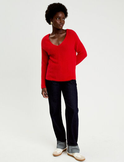 Pull col v manches longues rouge femme