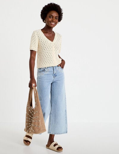 Jean wide leg cropped taille standard denim bleach femme