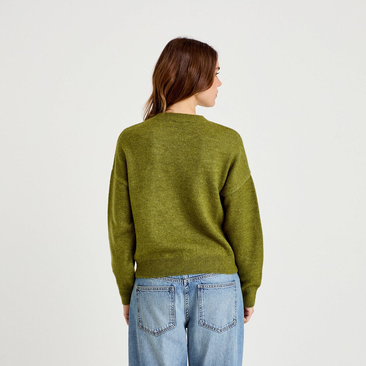 Pull col rond manches longues vert fonc&eacute; femme