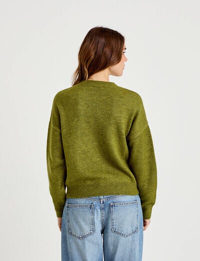 Pull col rond manches longues vert fonc&eacute; femme