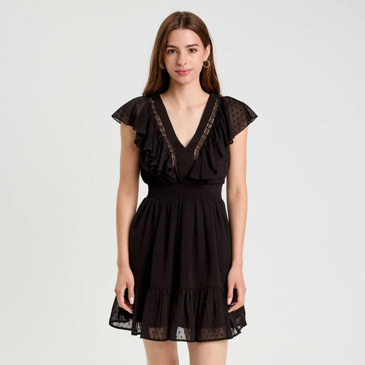 Robe &eacute;vas&eacute;e plumetis noir femme