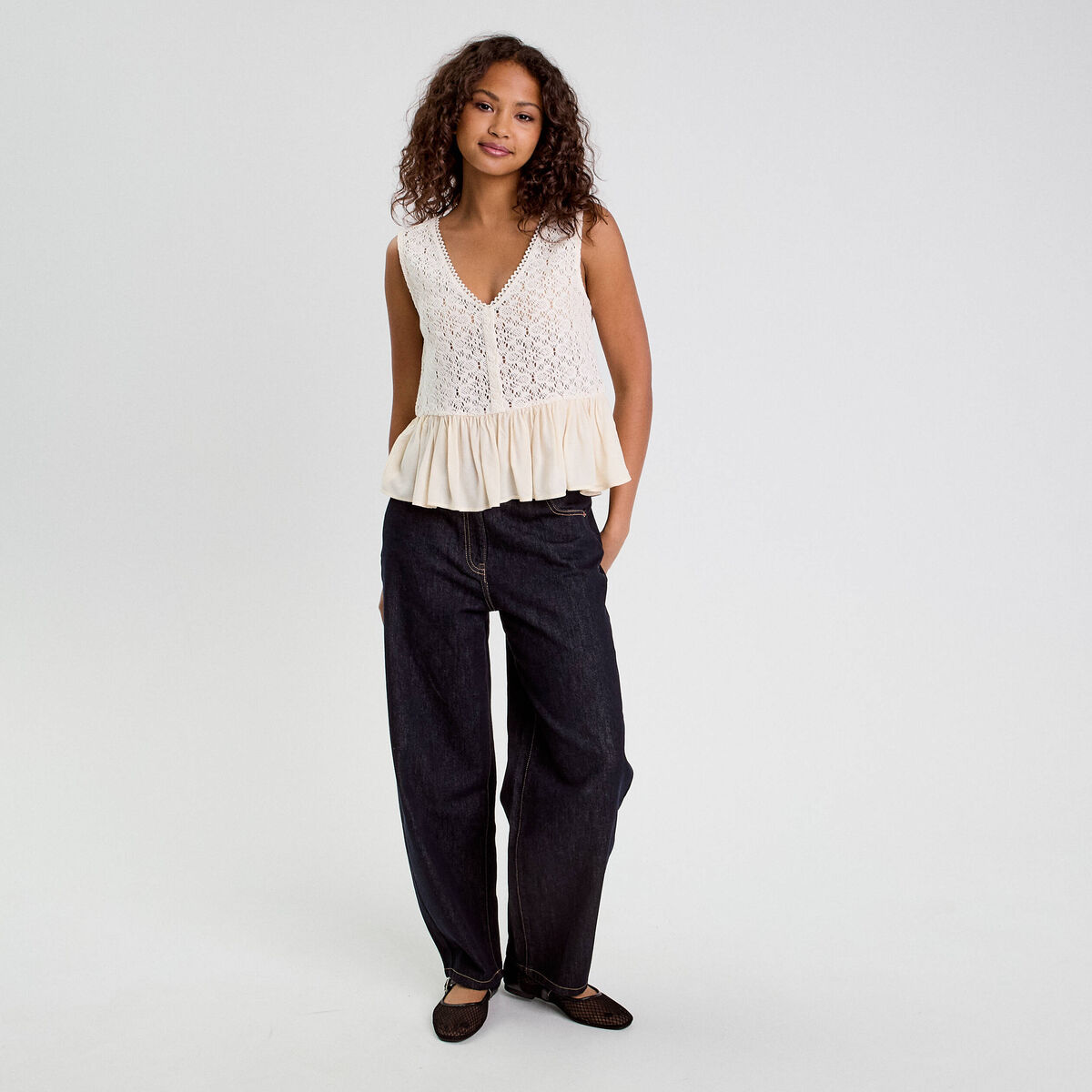 Blouse sans manches dentelle ecru femme