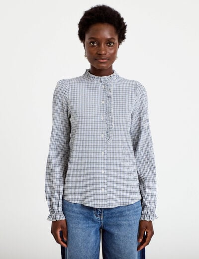 Chemise droite manches longues bleu fonc&eacute; femme